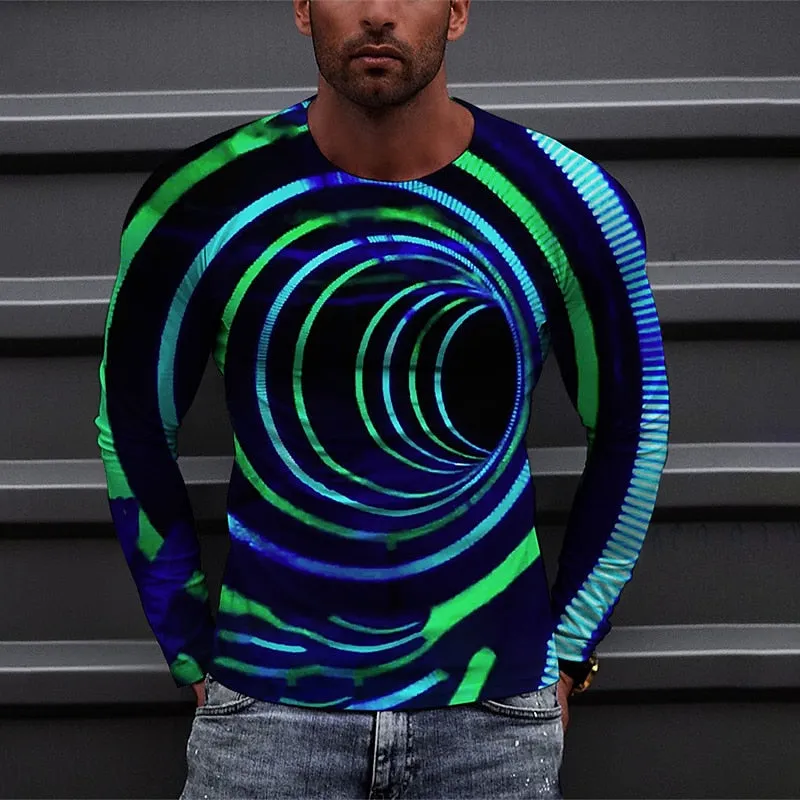 Men's Optical Illusion Graphic Prints T shirt Long Sleeve Shirt Crew Neck Outdoor Street 3D Print Blue Print Clothing Apparel Sports Designer Basic Casual