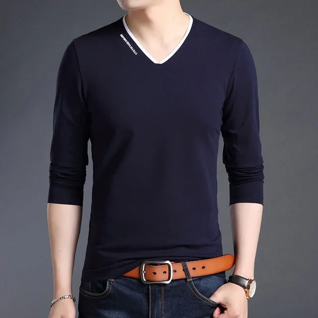 Mercerized V Neck Korean Trending Slim Fit Long Sleeve Shirt