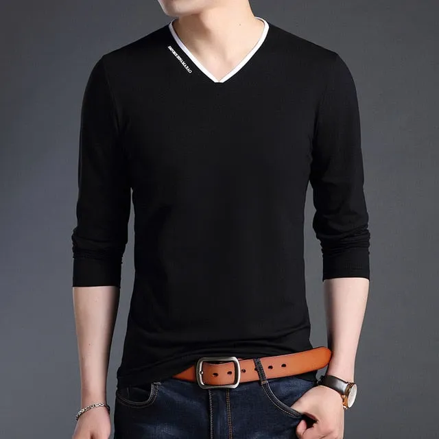 Mercerized V Neck Korean Trending Slim Fit Long Sleeve Shirt