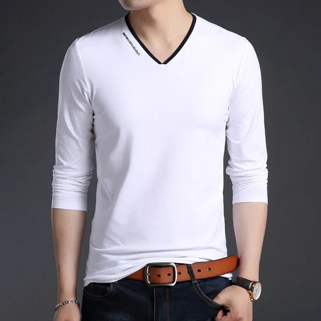 Mercerized V Neck Korean Trending Slim Fit Long Sleeve Shirt