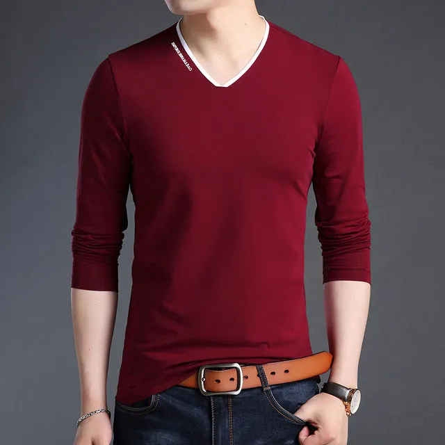 Mercerized V Neck Korean Trending Slim Fit Long Sleeve Shirt