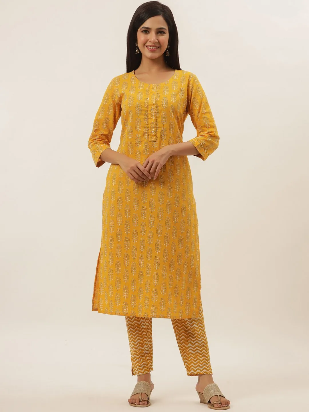 Mustard Ethnic Motifs Cotton Dupatta Set