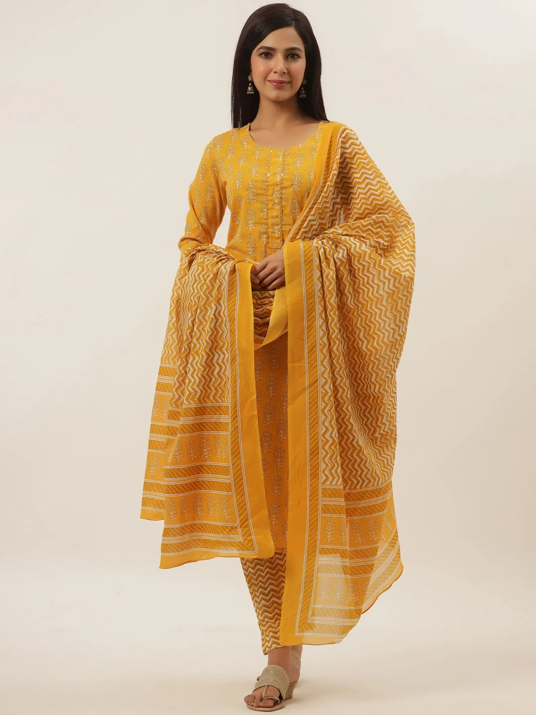 Mustard Ethnic Motifs Cotton Dupatta Set