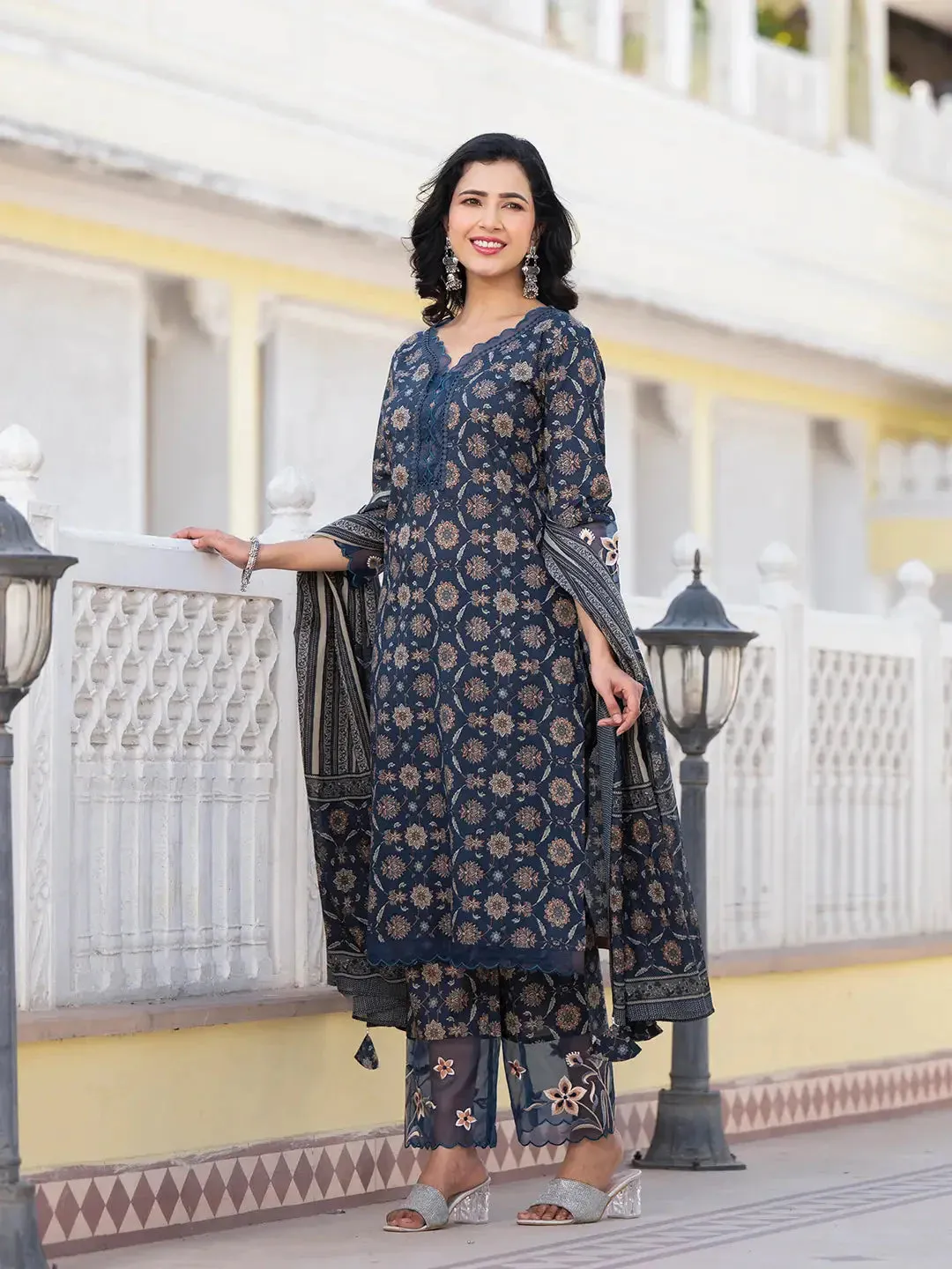 Navy Blue Ethnic Motifs Pakistani Style Kurta Trouser And Dupatta Set