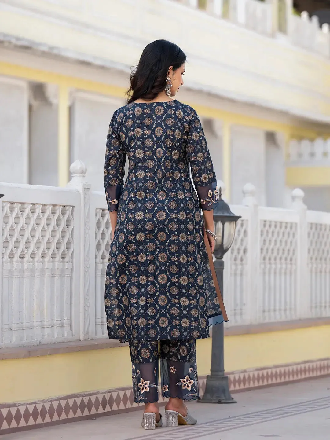 Navy Blue Ethnic Motifs Pakistani Style Kurta Trouser And Dupatta Set