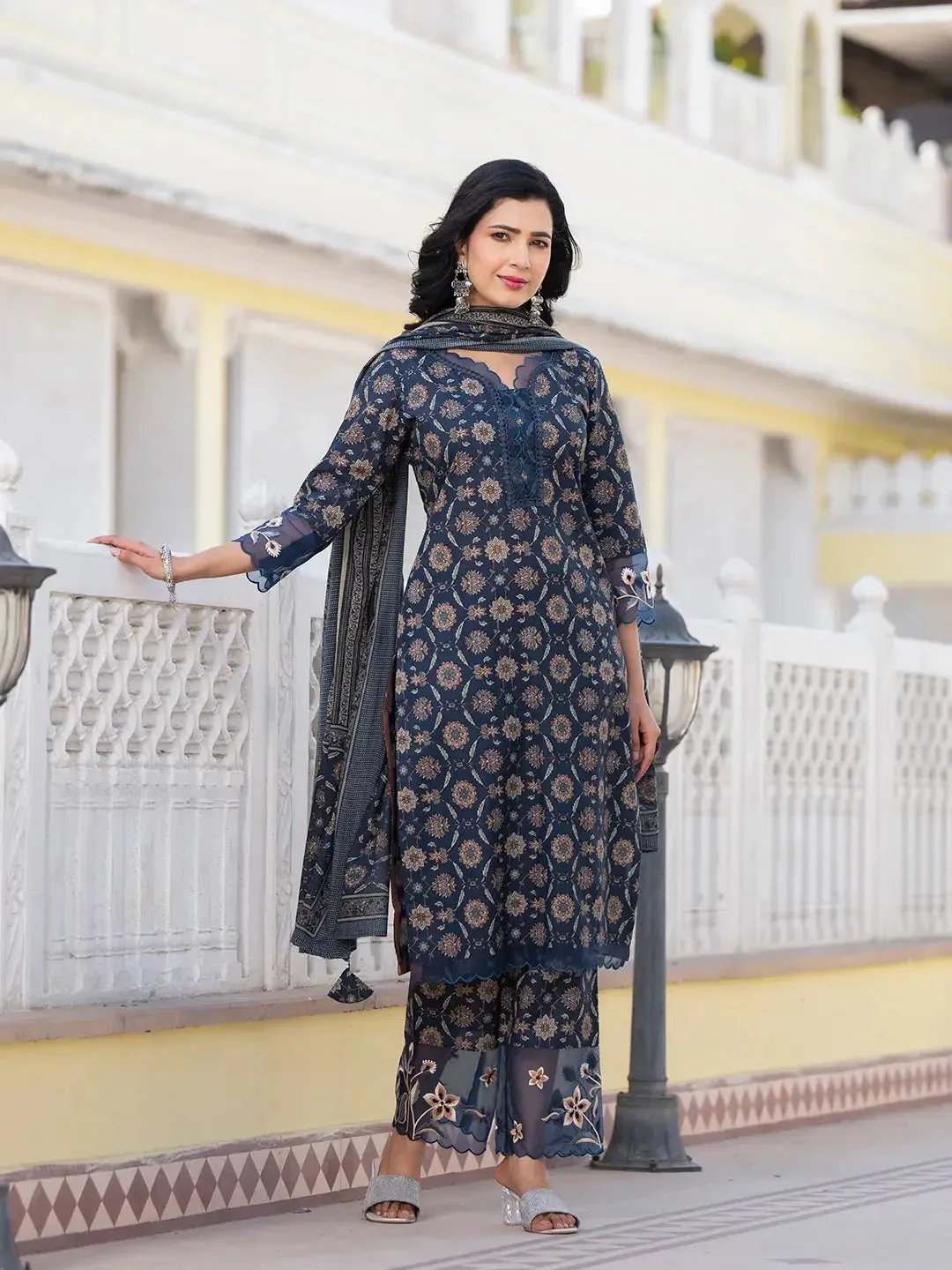 Navy Blue Ethnic Motifs Pakistani Style Kurta Trouser And Dupatta Set