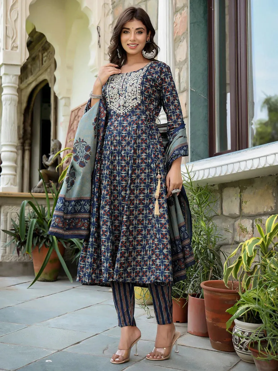 Navy Blue Ethnic Motifs Printed Regular Thread Work Pure Cotton Kurta With Trousers & With