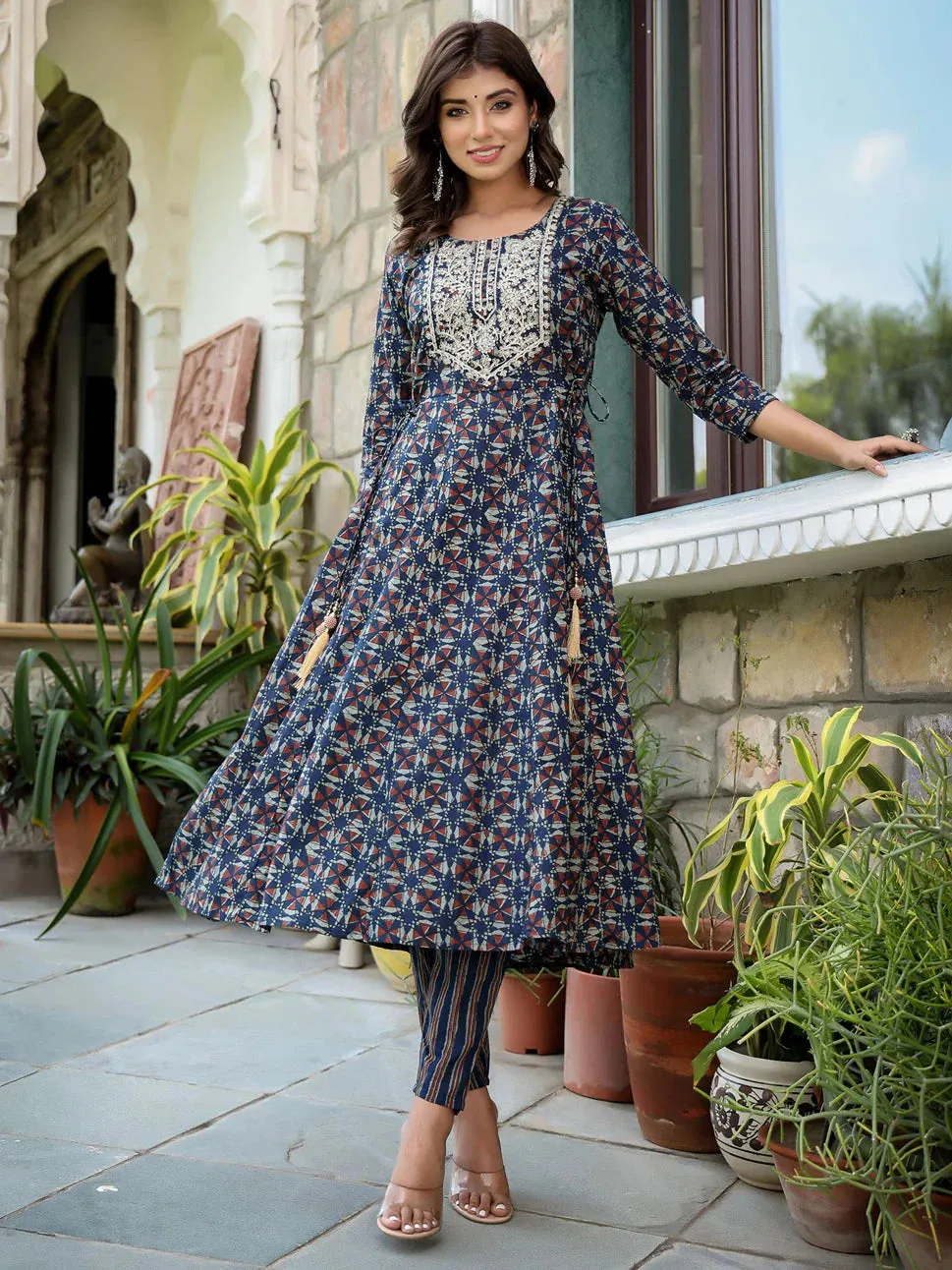 Navy Blue Ethnic Motifs Printed Regular Thread Work Pure Cotton Kurta With Trousers & With