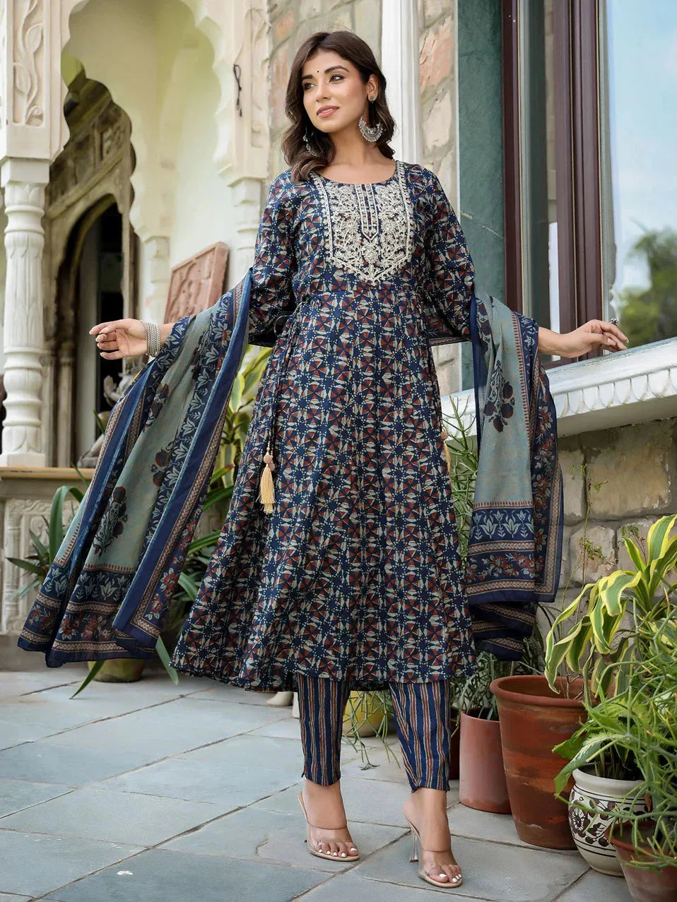 Navy Blue Ethnic Motifs Printed Regular Thread Work Pure Cotton Kurta With Trousers & With