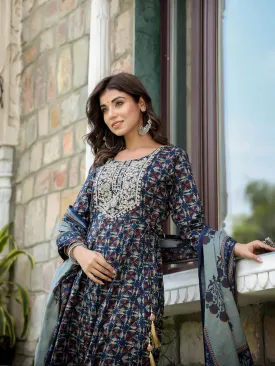 Navy Blue Ethnic Motifs Printed Regular Thread Work Pure Cotton Kurta With Trousers & With