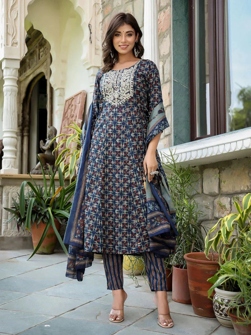 Navy Blue Ethnic Motifs Printed Regular Thread Work Pure Cotton Kurta With Trousers & With