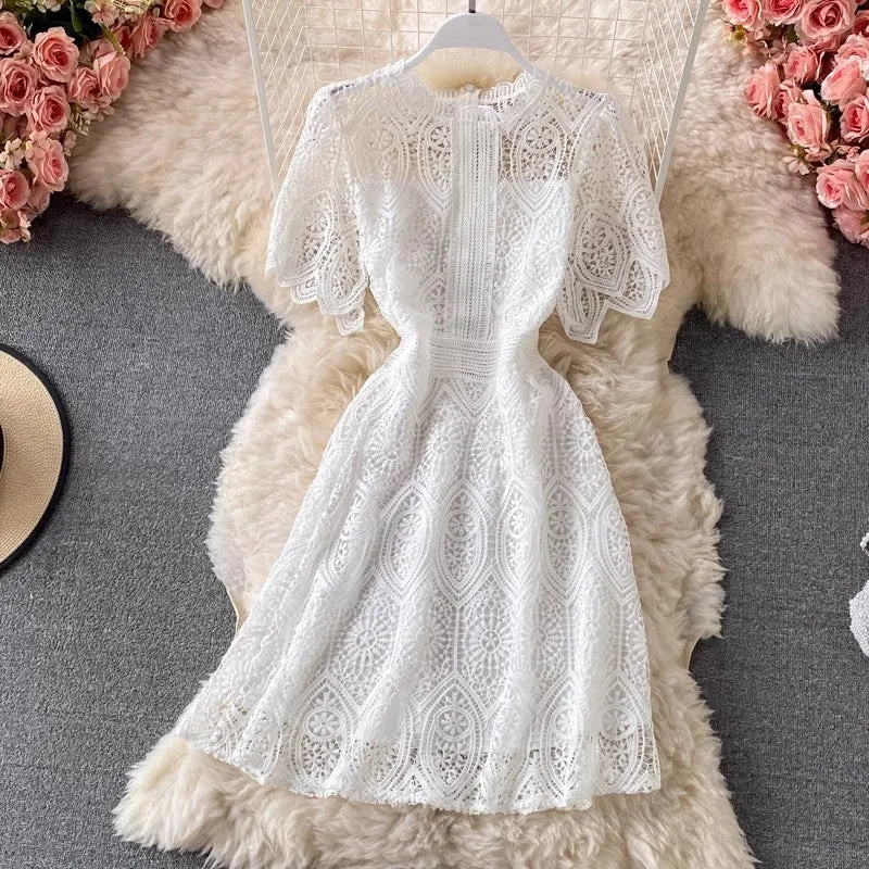 new women's fashion dress round neck short-sleeved lace skirt    S3893