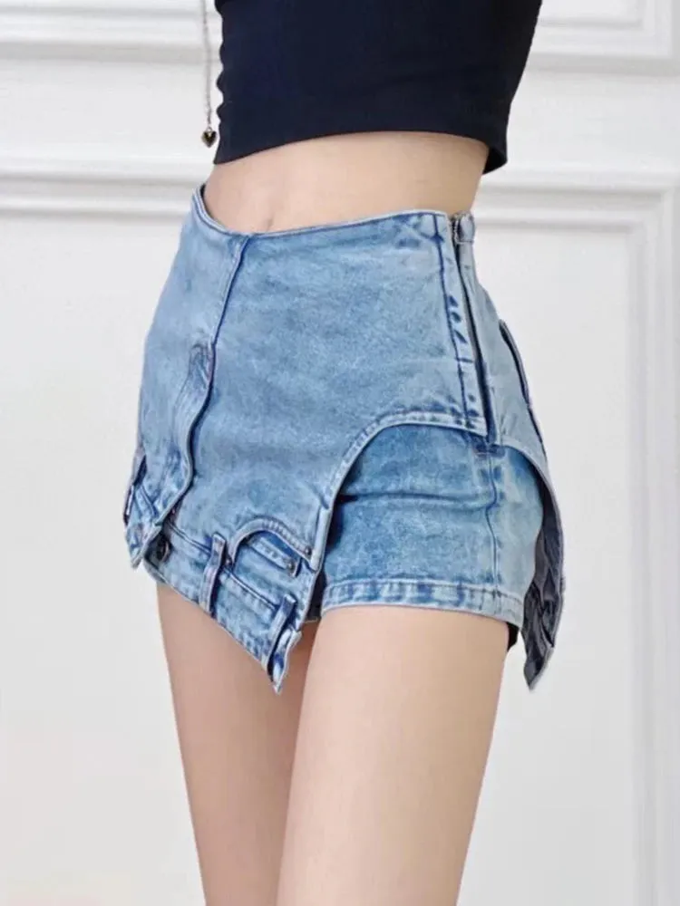 Patchwork Asymmetrical Short Pants For Women High Waist Straight Solid Minimalist Shorts Skirts Female Summer