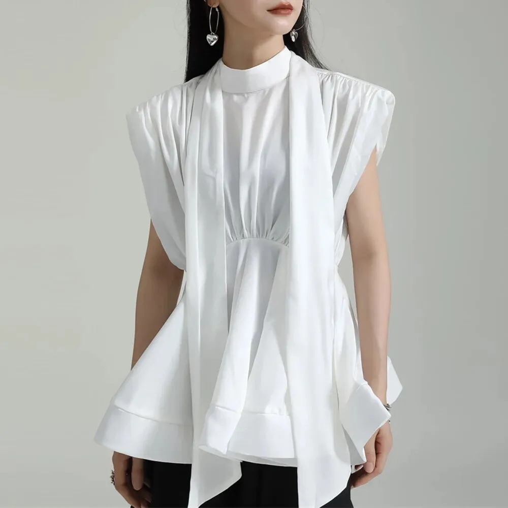 Patchwork Ruffles Shirts For Women Round Neck Sleeveless Tunic Solid Pullover Blouse Female Fashion Clothing