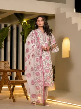 Pink And Off White Floral Print Cotton Straight Style Kurta And Trousers With Dupatta