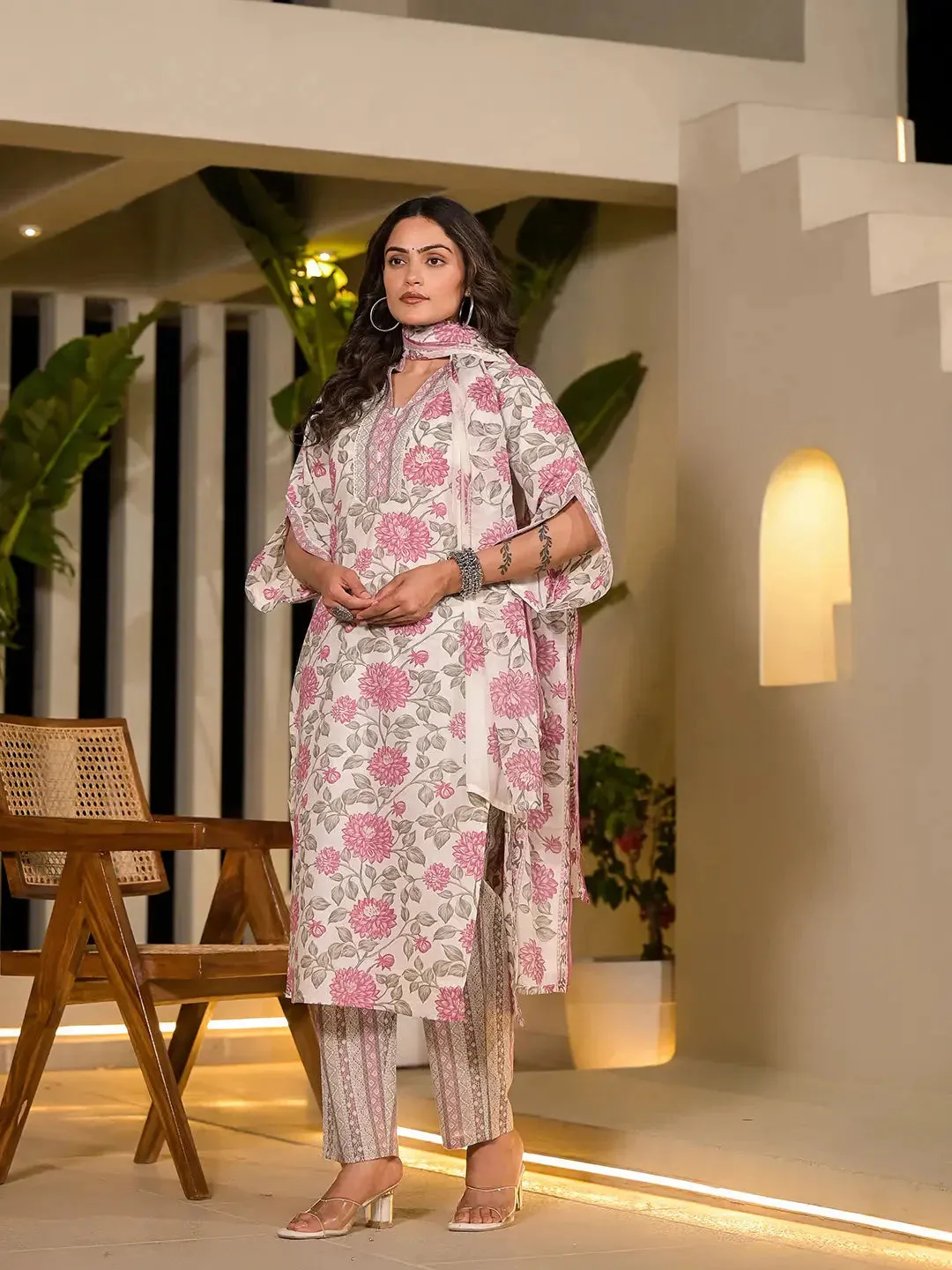 Pink And Off White Floral Print Cotton Straight Style Kurta And Trousers With Dupatta