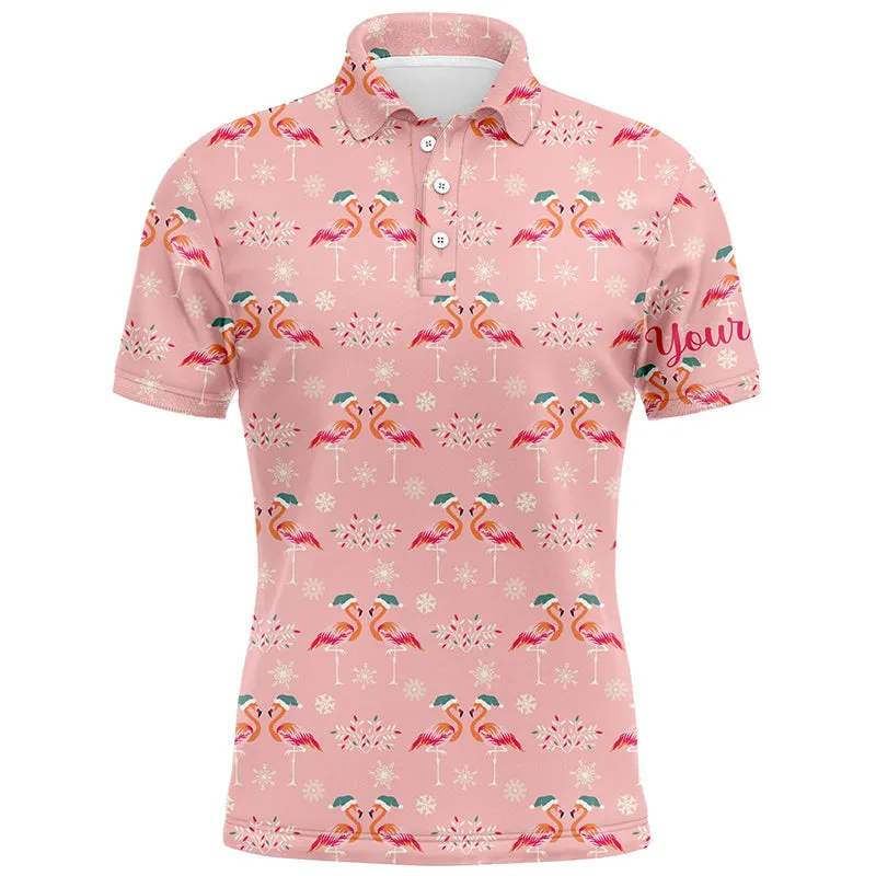 Pink Christmas Flamingos Mens Golf Polo Shirt Custom Funny Golf Shirts For Men Golf Gifts