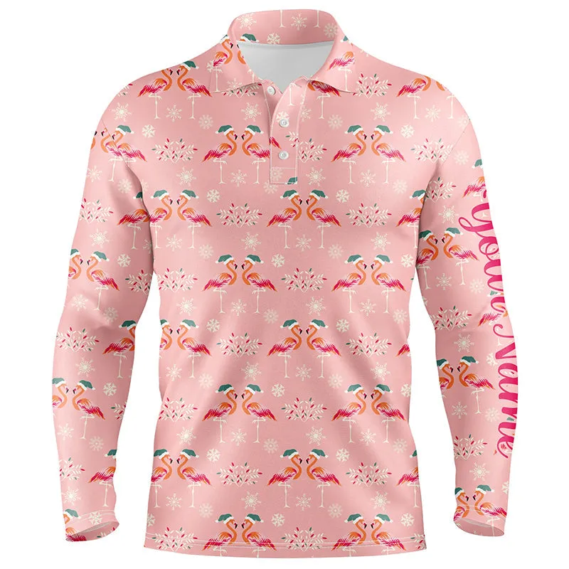 Pink Christmas Flamingos Mens Golf Polo Shirt Custom Funny Golf Shirts For Men Golf Gifts