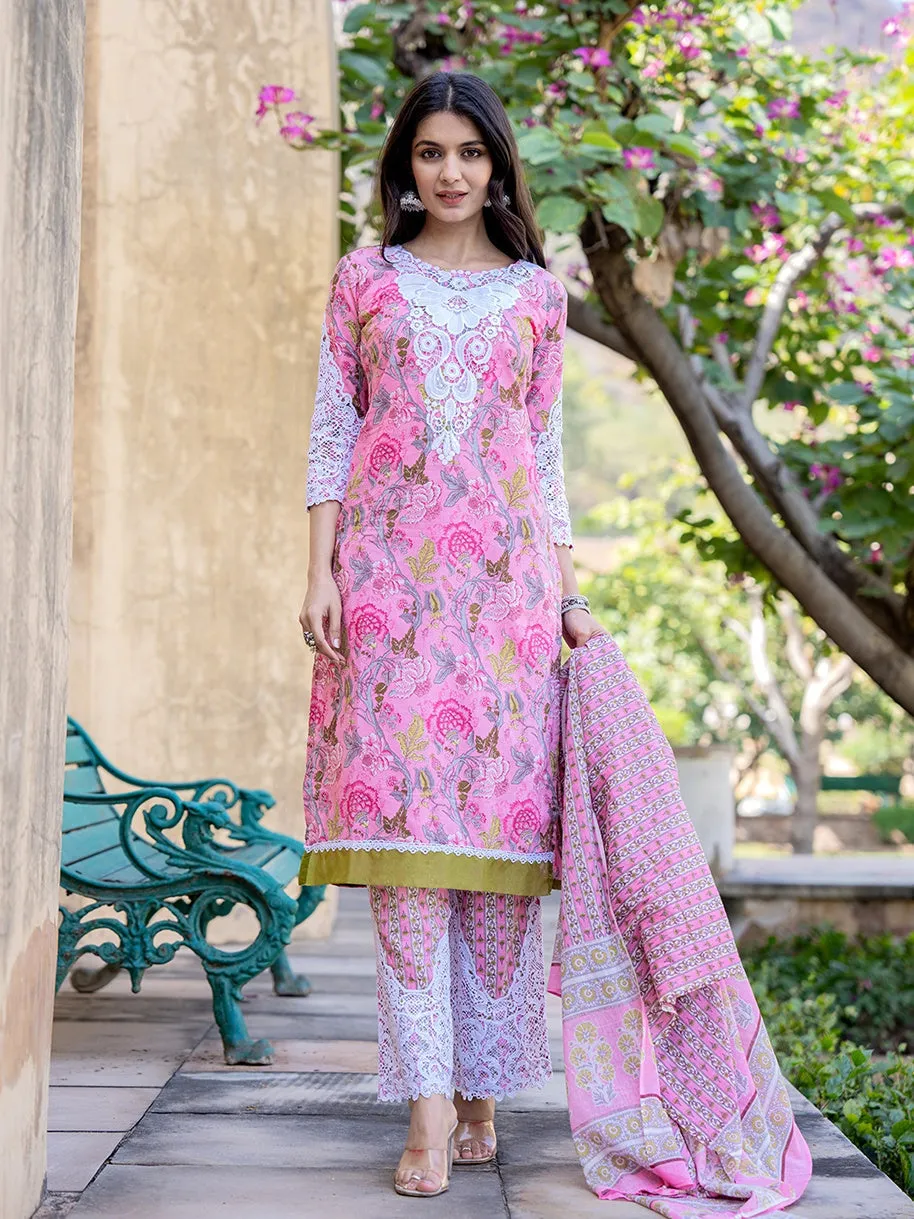 Pink Floral Print,Thread_Work Pakistani Style Kurta Trouser And Dupatta Set