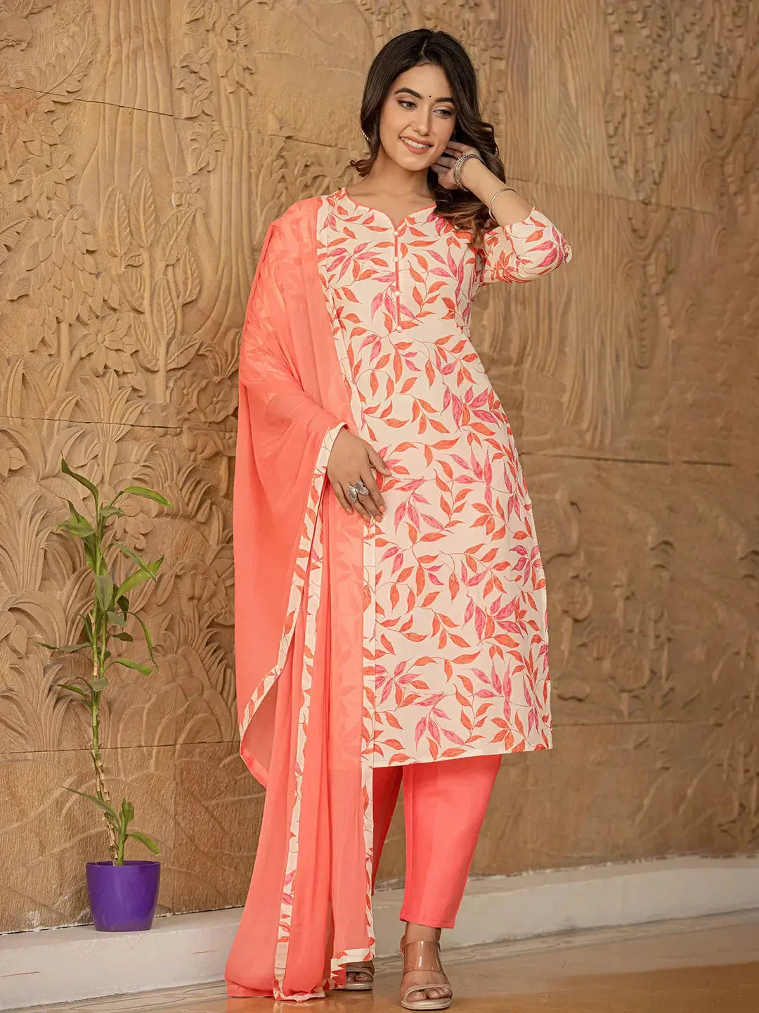 Pink Leaf Print Straight Piping On Yoke Kurta Trouser And Dupatta Set