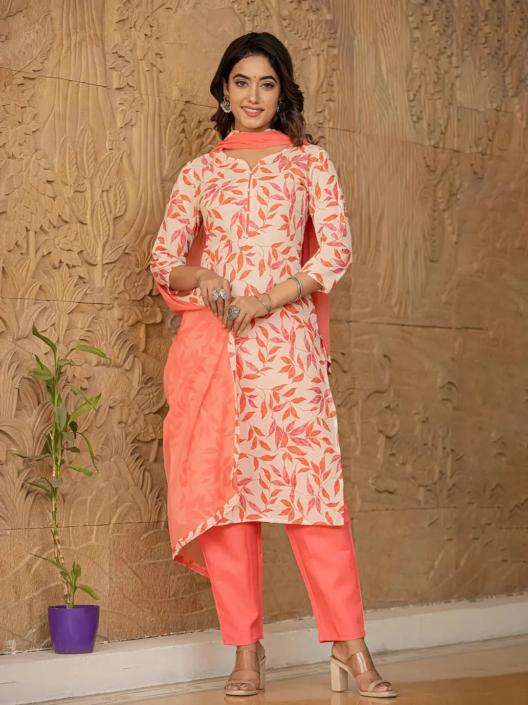 Pink Leaf Print Straight Piping On Yoke Kurta Trouser And Dupatta Set