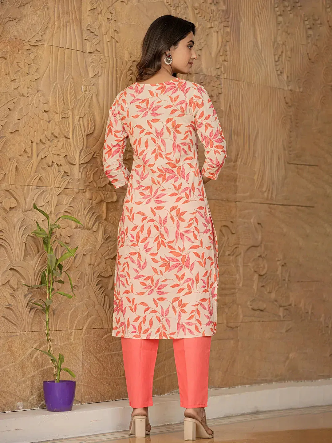 Pink Leaf Print Straight Piping On Yoke Kurta Trouser And Dupatta Set