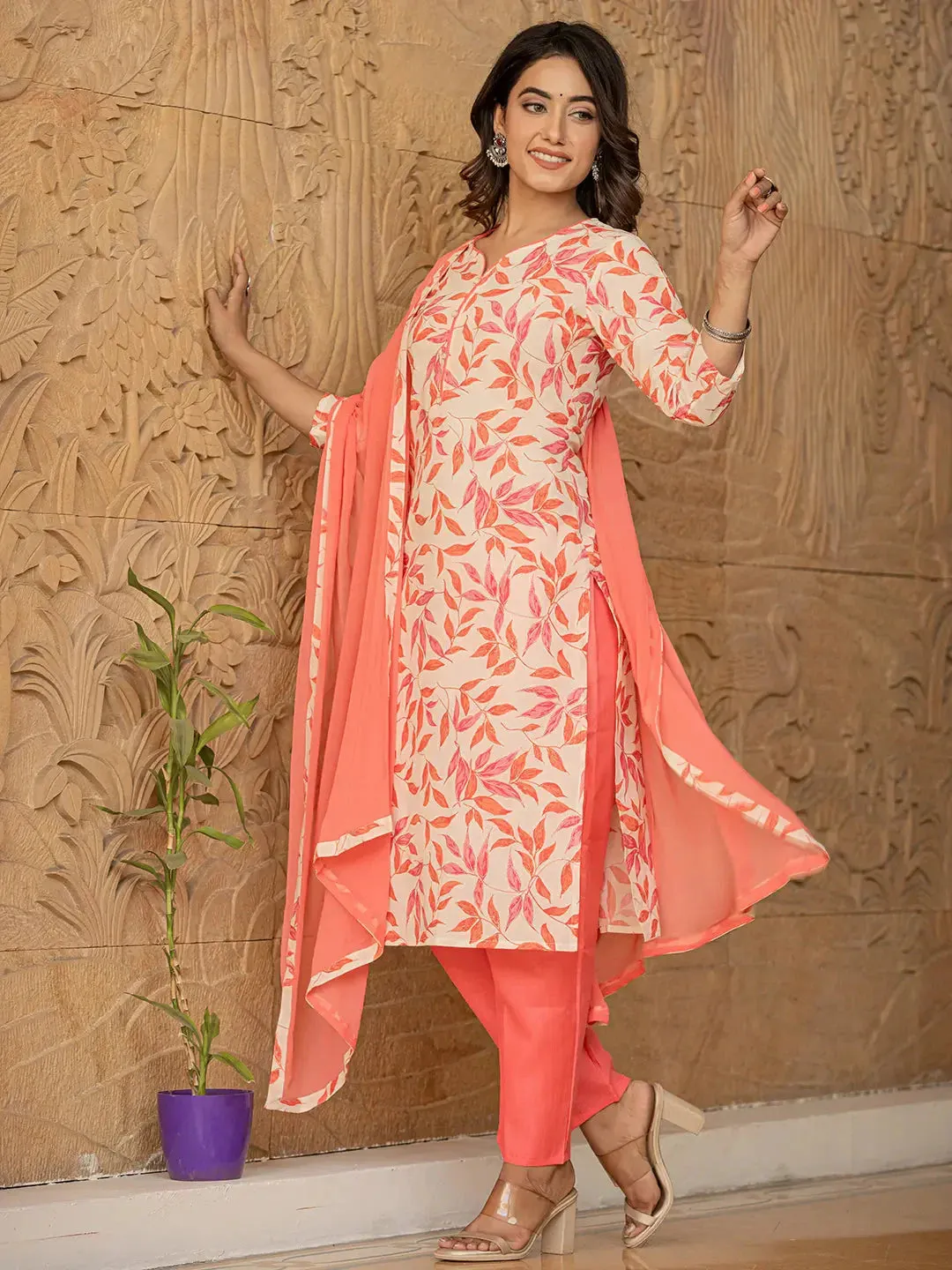 Pink Leaf Print Straight Piping On Yoke Kurta Trouser And Dupatta Set