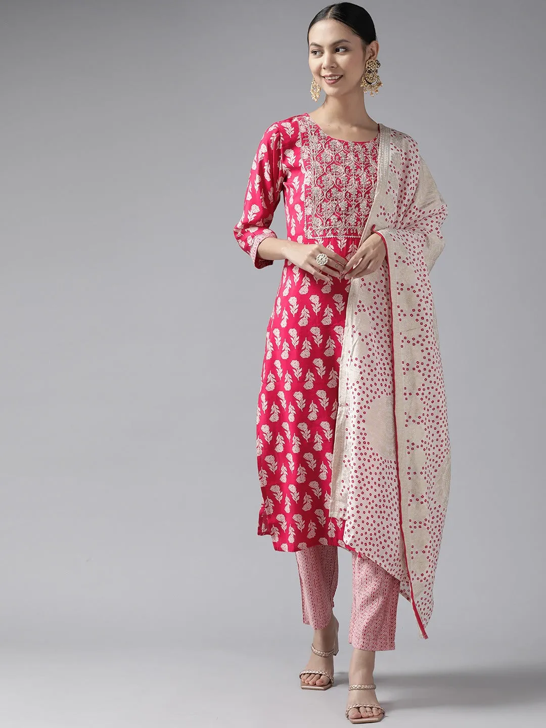 Pink Thread Work Dupatta Set