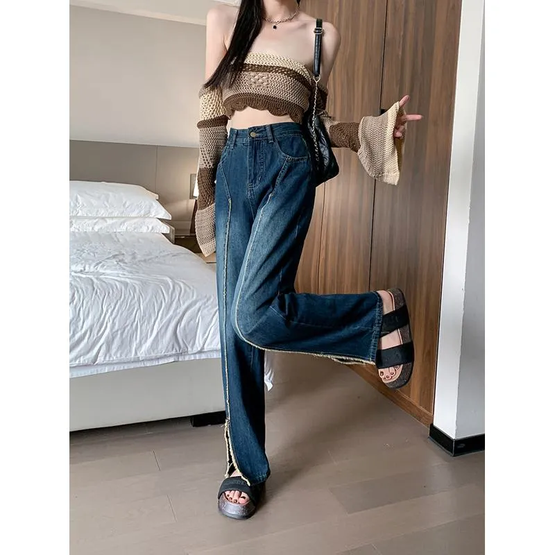 Plus Wide-Leg Frayed Edge Loose Fit Straight Pants High-Waisted Patchwork Split Jeans