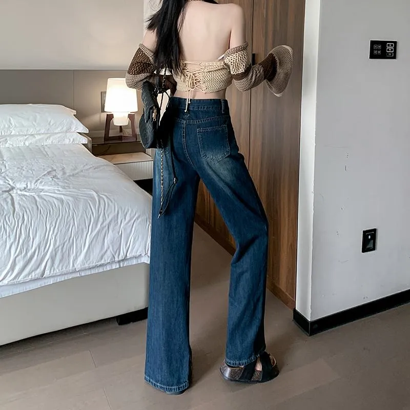 Plus Wide-Leg Frayed Edge Loose Fit Straight Pants High-Waisted Patchwork Split Jeans