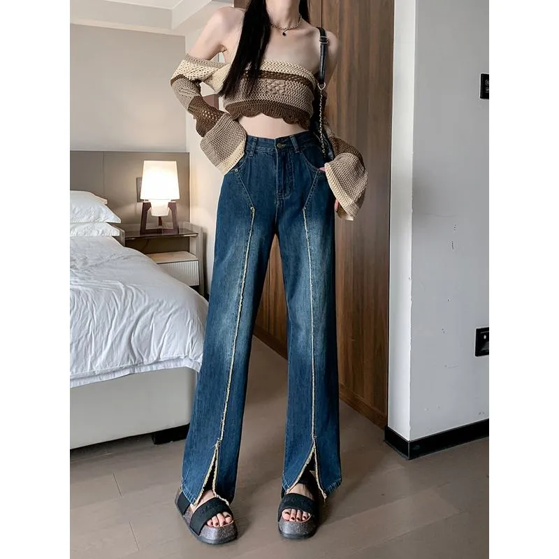 Plus Wide-Leg Frayed Edge Loose Fit Straight Pants High-Waisted Patchwork Split Jeans