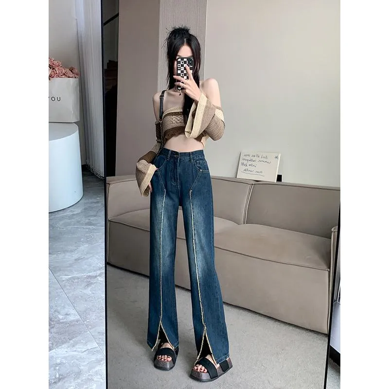 Plus Wide-Leg Frayed Edge Loose Fit Straight Pants High-Waisted Patchwork Split Jeans