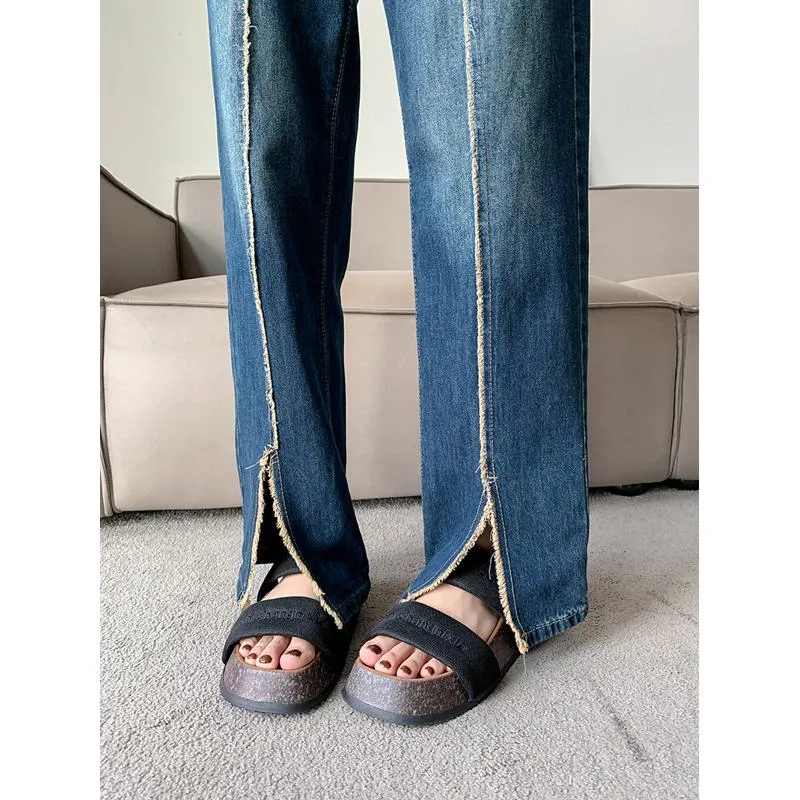 Plus Wide-Leg Frayed Edge Loose Fit Straight Pants High-Waisted Patchwork Split Jeans