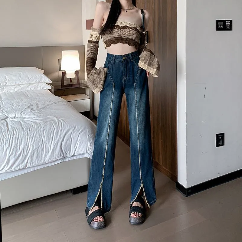 Plus Wide-Leg Frayed Edge Loose Fit Straight Pants High-Waisted Patchwork Split Jeans