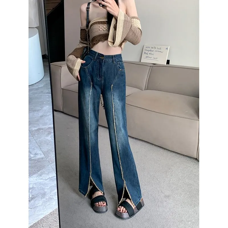 Plus Wide-Leg Frayed Edge Loose Fit Straight Pants High-Waisted Patchwork Split Jeans