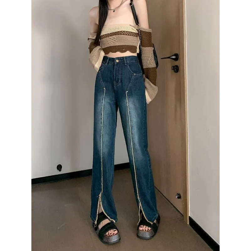 Plus Wide-Leg Frayed Edge Loose Fit Straight Pants High-Waisted Patchwork Split Jeans