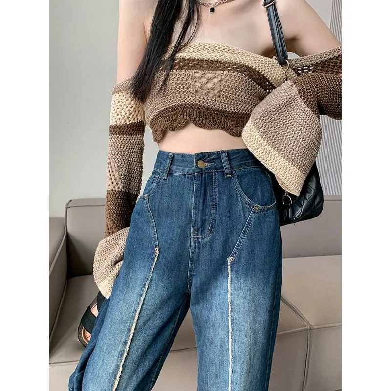 Plus Wide-Leg Frayed Edge Loose Fit Straight Pants High-Waisted Patchwork Split Jeans