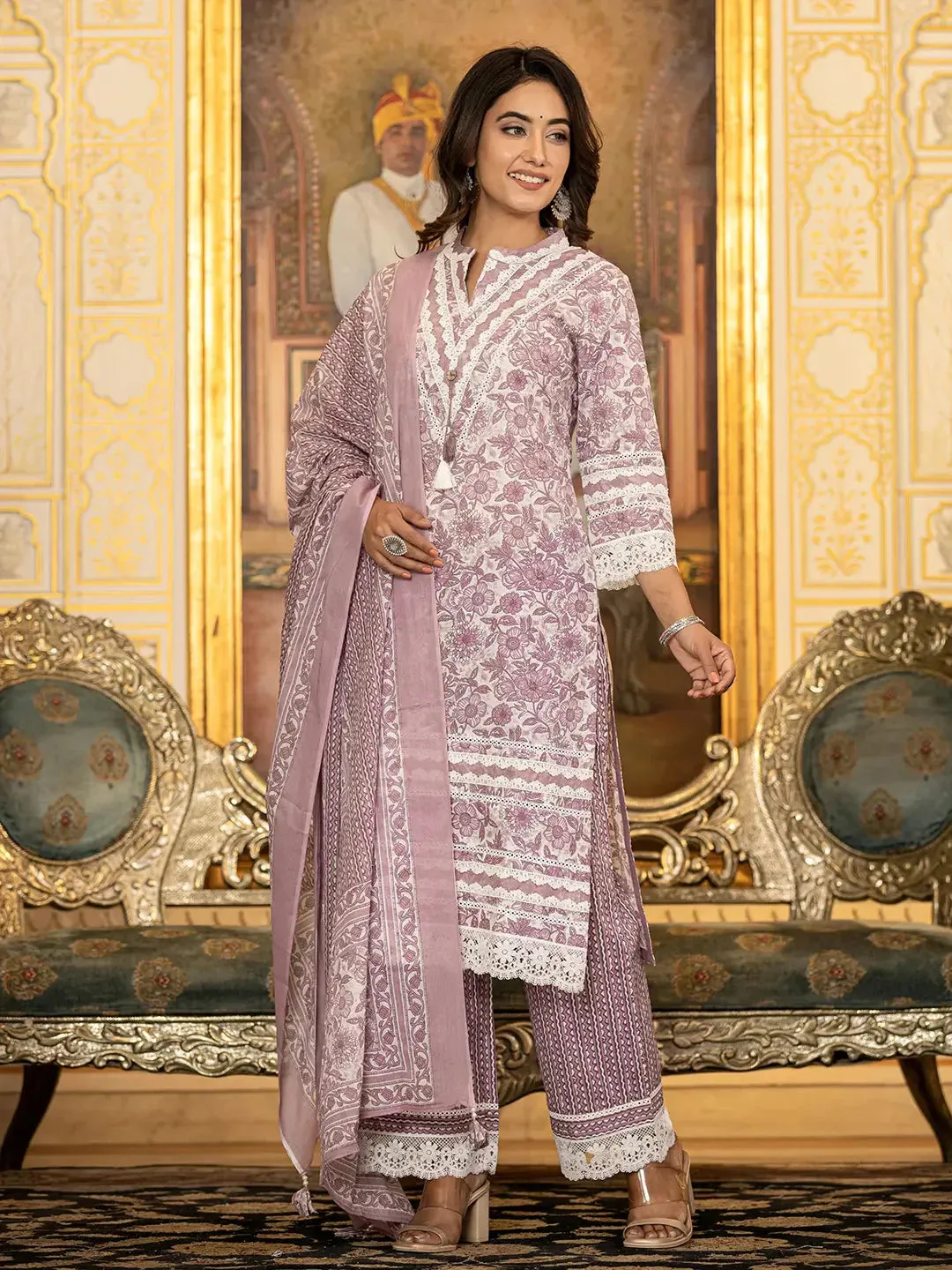 Purple Lacework Pakistani Style Kurta Trouser And Dupatta Set