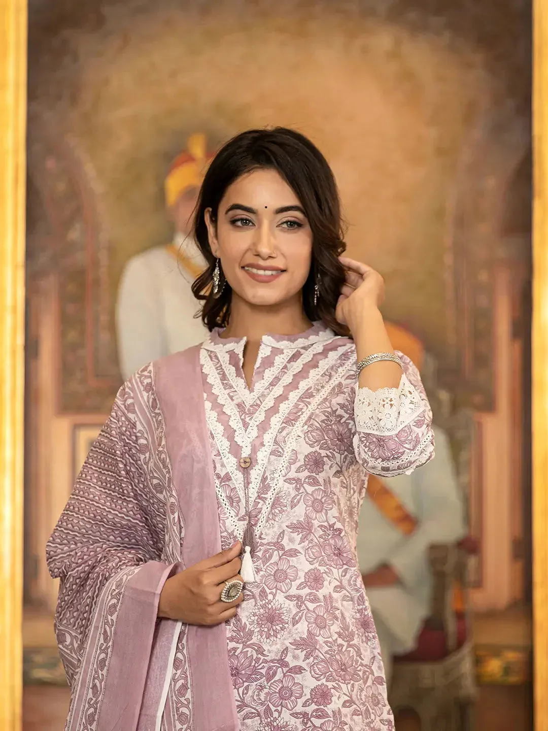 Purple Lacework Pakistani Style Kurta Trouser And Dupatta Set