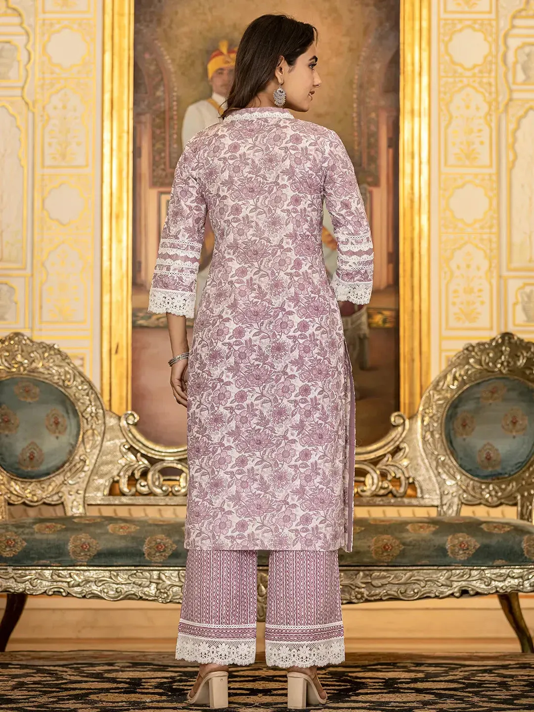 Purple Lacework Pakistani Style Kurta Trouser And Dupatta Set