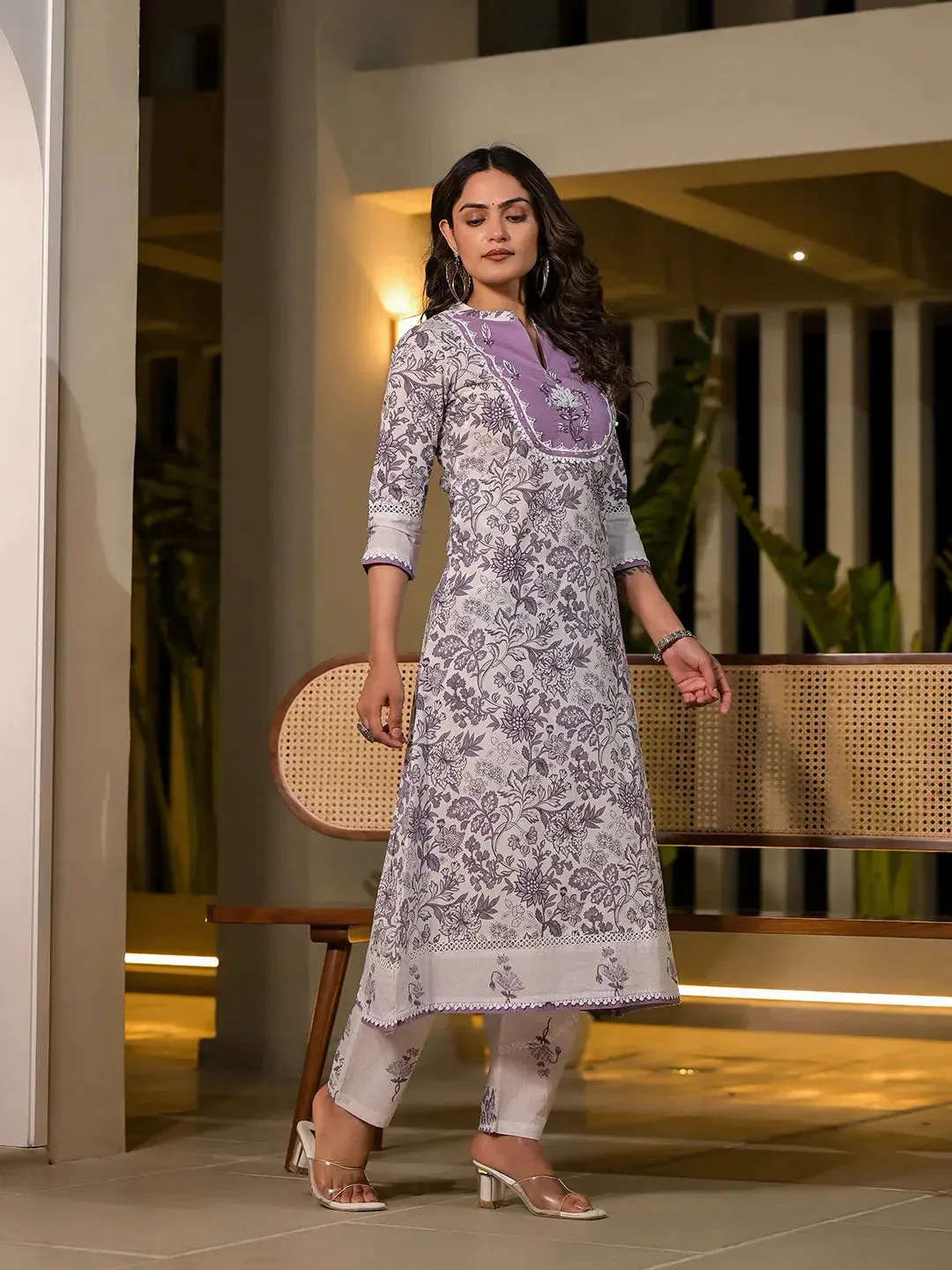 Purple Resham Embroidery Cotton Straight Kurta With Trouser Set