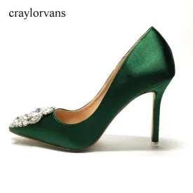 "Rhinestone, Glitter Sexy High Heels, Green Pointed Toe Pump Shoes, Crystal, Women, Wedding,  Zapatos Mujer"