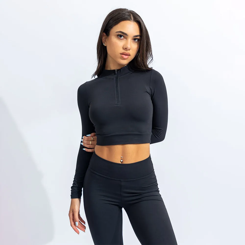 Quwati Women Power Long Sleeve Half Zip Crop Top