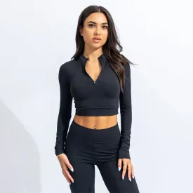 Quwati Women Power Long Sleeve Half Zip Crop Top