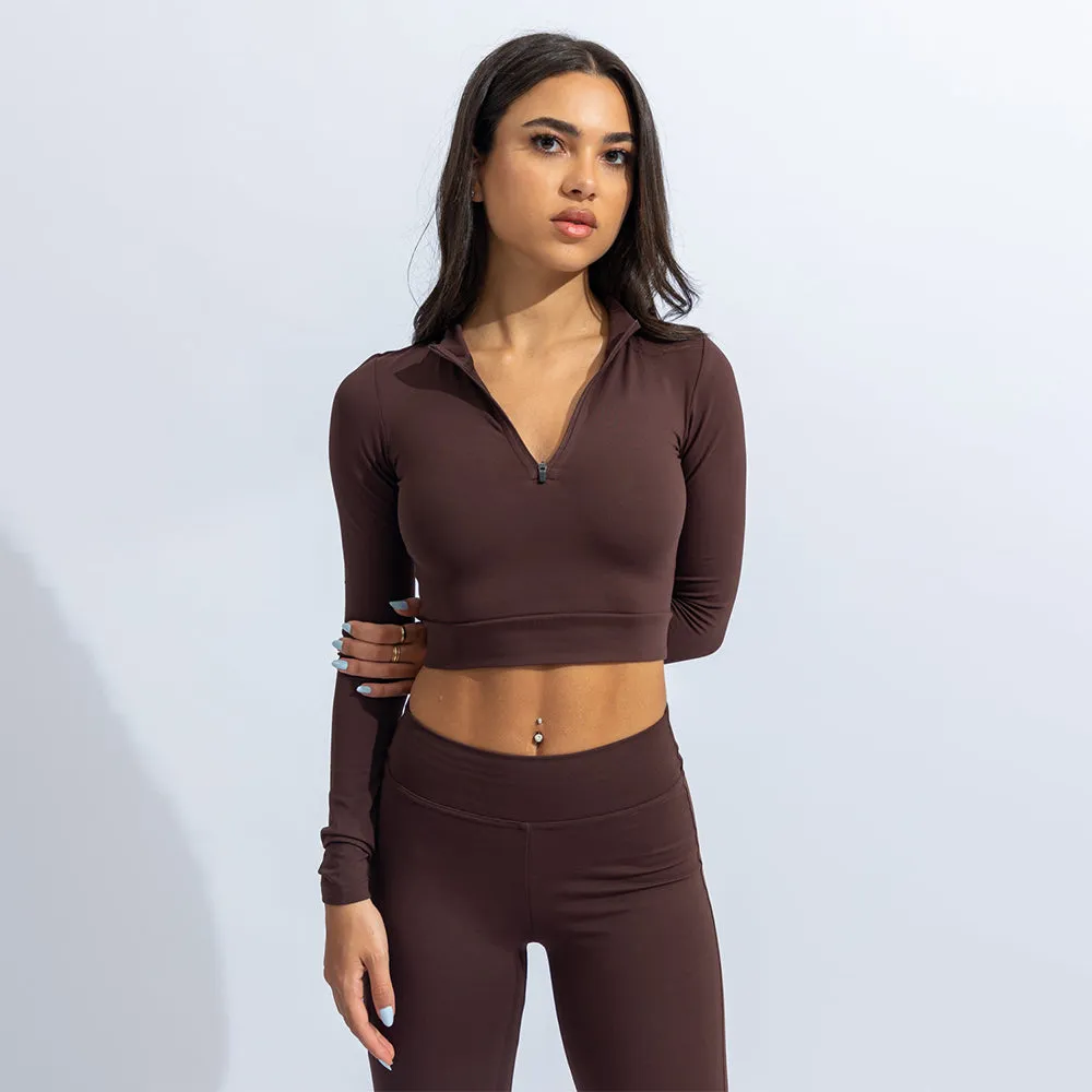 Quwati Women Power Long Sleeve Half Zip Crop Top