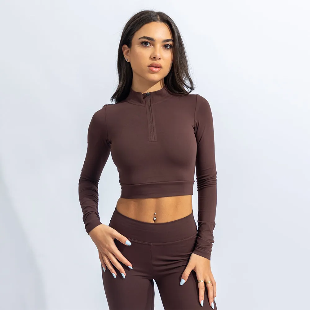 Quwati Women Power Long Sleeve Half Zip Crop Top