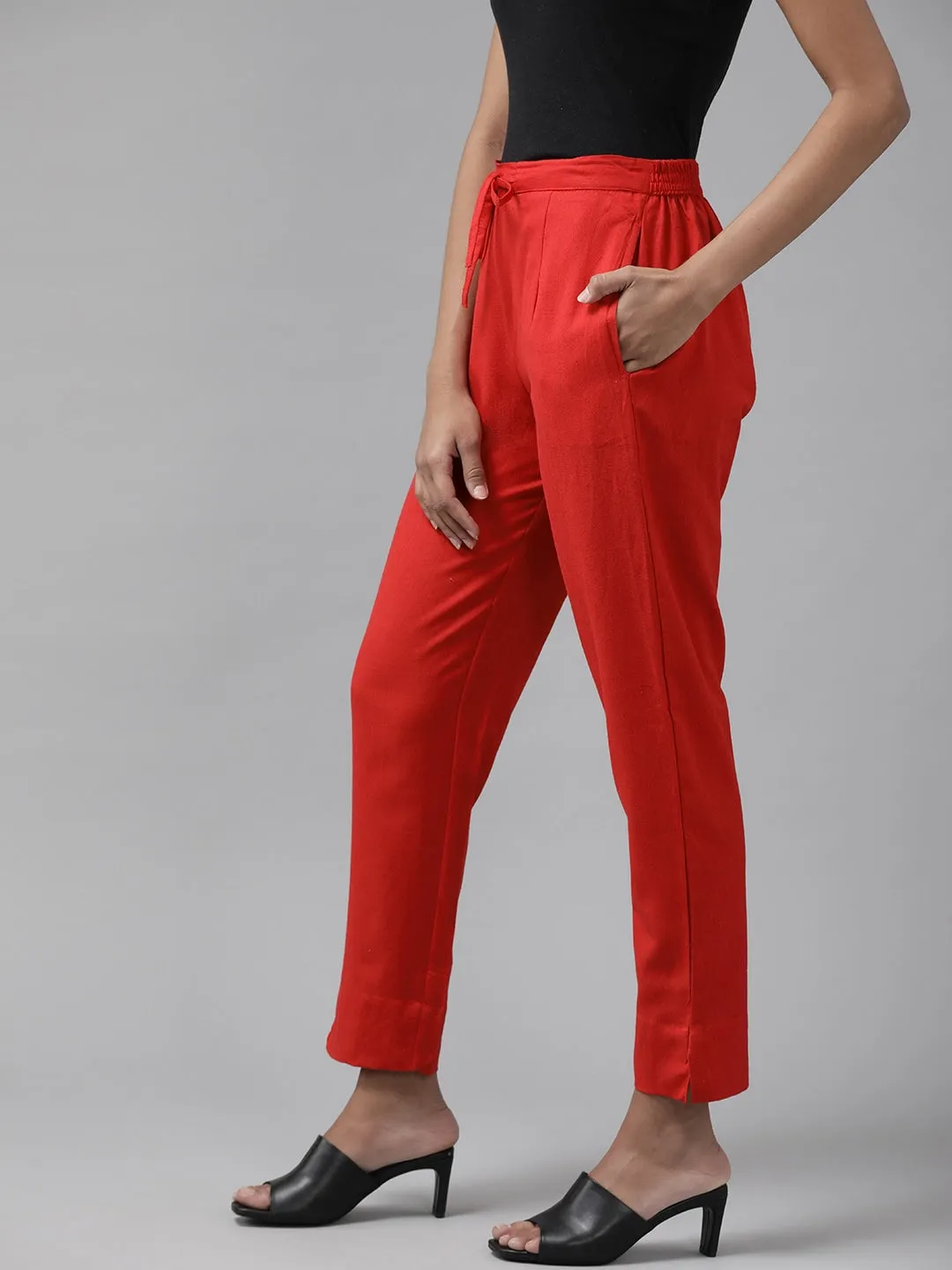 Red Cotton Fit Trousers