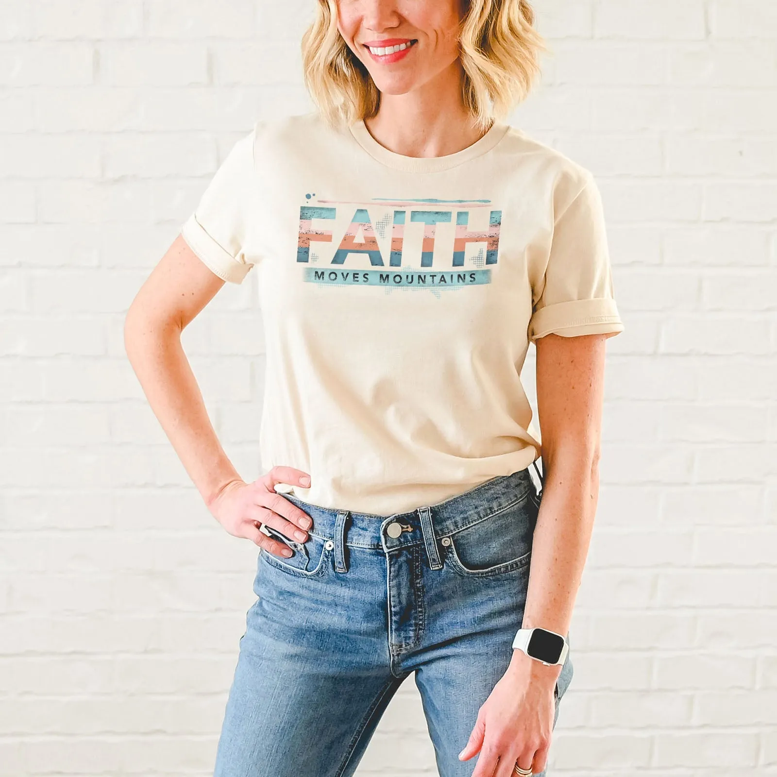 Retro Faith Moves Mountains Tee Shirts For Women - Christian Shirts for Women - Religious Tee Shirts