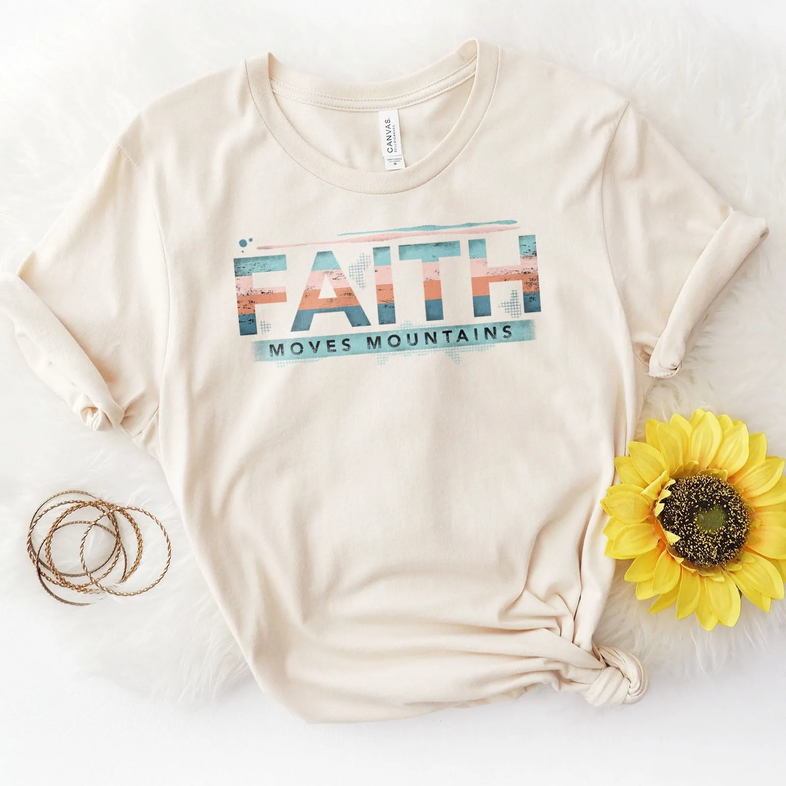 Retro Faith Moves Mountains Tee Shirts For Women - Christian Shirts for Women - Religious Tee Shirts