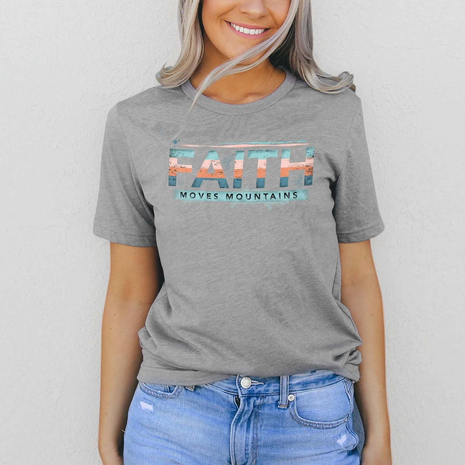 Retro Faith Moves Mountains Tee Shirts For Women - Christian Shirts for Women - Religious Tee Shirts